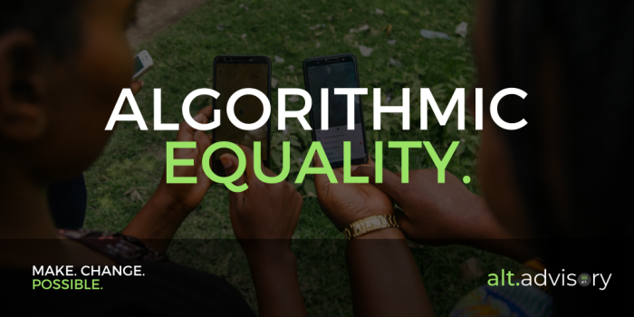 Closeup image of two women comparing phone screens. Title text reads BALGORTHMIC EQUALITY