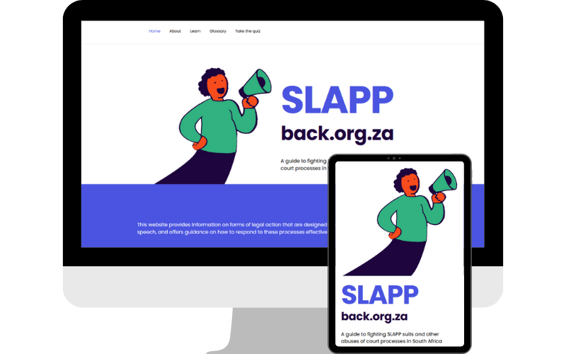 A mock-up of the SLAPPback.org.za site on desktop and mobile screens