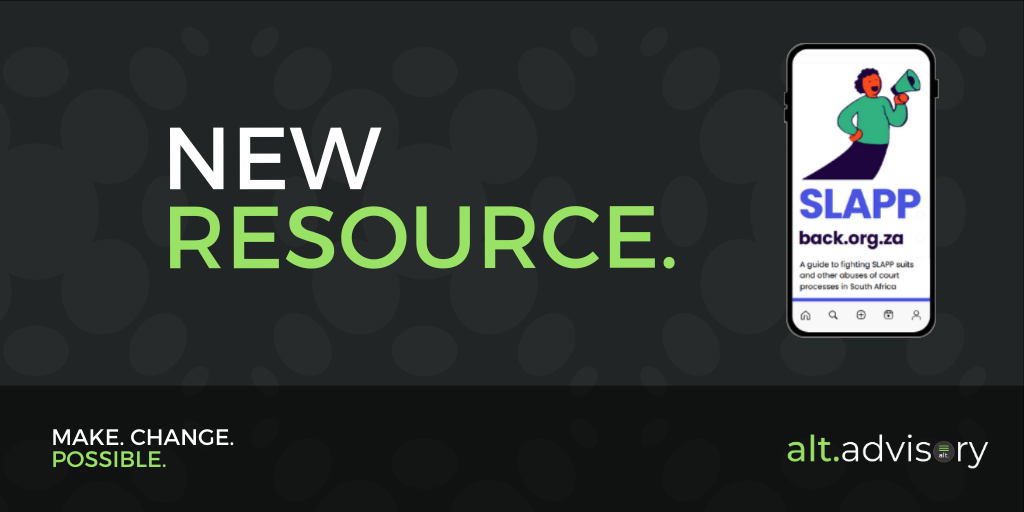 A mock-up of the SLAPPback.org.za website on a mobile phone, with title text reading "New Resource"