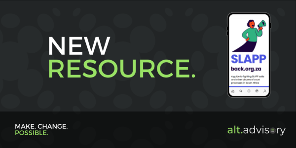A mock-up of the SLAPPback.org.za website on a mobile phone, with title text reading "New Resource"