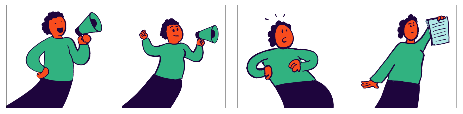 A panel of character illustrations for SLAPPback.org.za, showing a figure in green sweater and black skirt holding a megaphone, lifting their fist, holding up a legal document, etc.